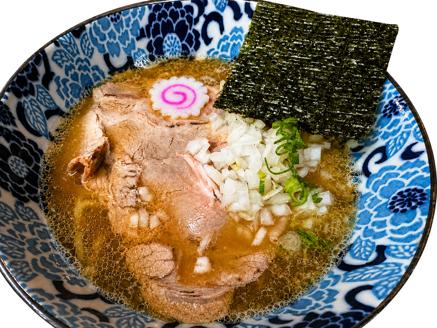 青い美濃焼の丼で提供する飲み干し煮干しそば